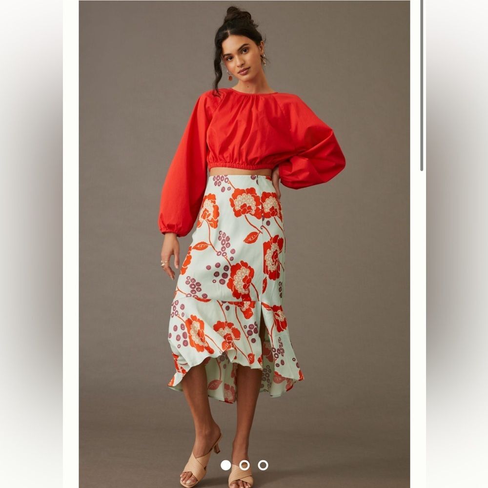By Anthropologie Flounced Floral Skirt in Mint XS